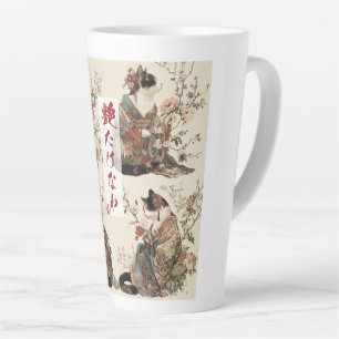 Taza De Café Latte "En plena floración" Gato japonés en arte de kimon