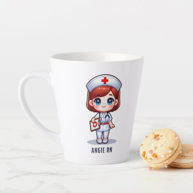 Taza De Café Latte Enfermera de manga con Personalizado de ojos marro (In situ)