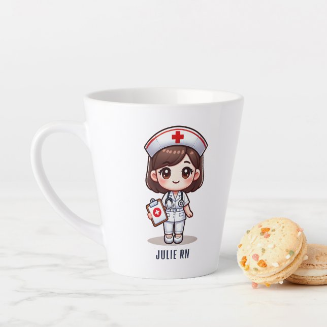 Taza De Café Latte Enfermera de manga con Personalizado de ojos marro (In situ)