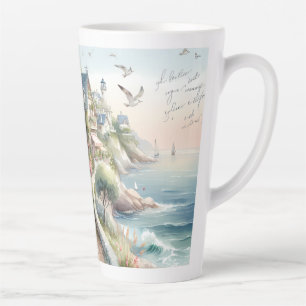 Taza De Café Latte Escape al pueblo de cottage costero pastel