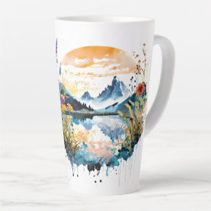 Taza De Café Latte Escena de montaña en acuarela