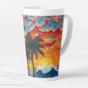 Taza De Café Latte Escena de playa hermosa con palmeras