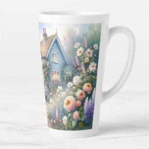 Taza De Café Latte Escena floral de casa azul de jardín de cottage pa
