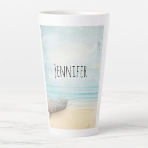 Taza De Café Latte Escena náutica en la playa con red de lanchas y pe