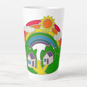 Taza De Café Latte Escena rural personalizado con arcoiris y casa de
