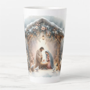 Taza De Café Latte Escena rústica del Nacimiento con Florales de Invi