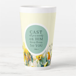 Taza De Café Latte Escritura floral 1 Peter 5:7 Latte Mug