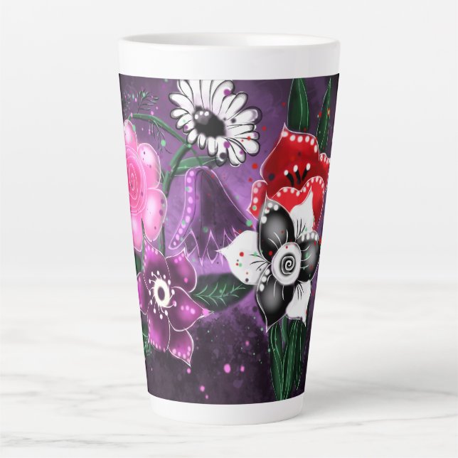 Taza De Café Latte Espectacular floral morado negro rosado margarita  (Anverso)