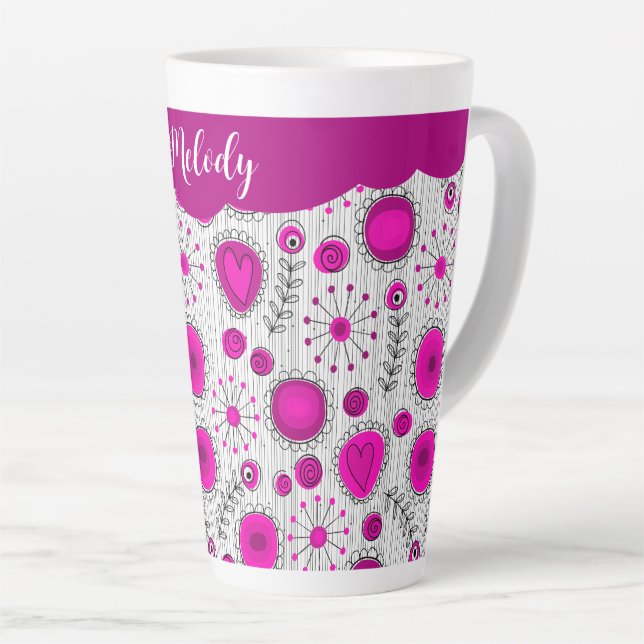 Taza De Café Latte Espectaculares corazones blancos rosados florales  (Ángulo derecho)