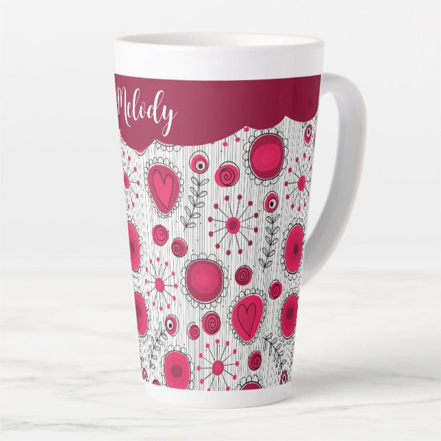 Taza De Café Latte Espectaculares corazones rojos blancos flores nomb (Ángulo derecho)