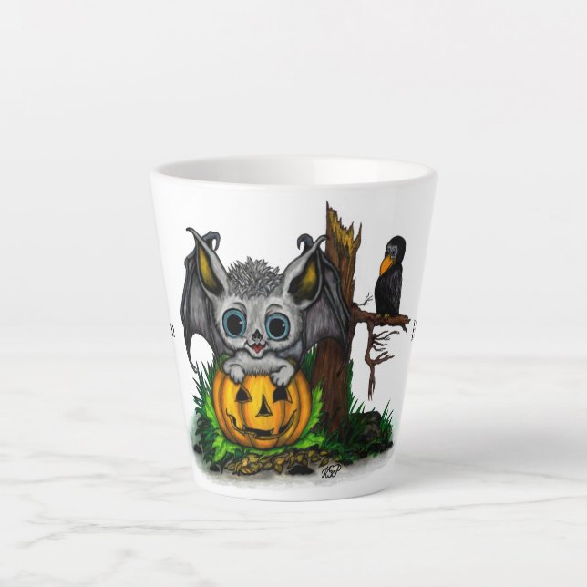 Taza De Café Latte Esperando Halloween , Cute Bat y Raven (Anverso)