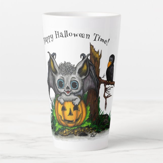Taza De Café Latte Esperando Halloween , Cute Bat y Raven (Anverso)