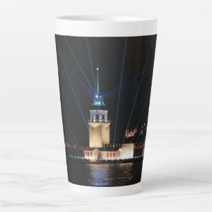 Taza De Café Latte Estambul Turquía Vista Nocturna del Bósforo Escena
