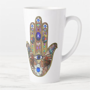 Taza De Café Latte Estampa artística de Hamsa Judaica Corazones Flore