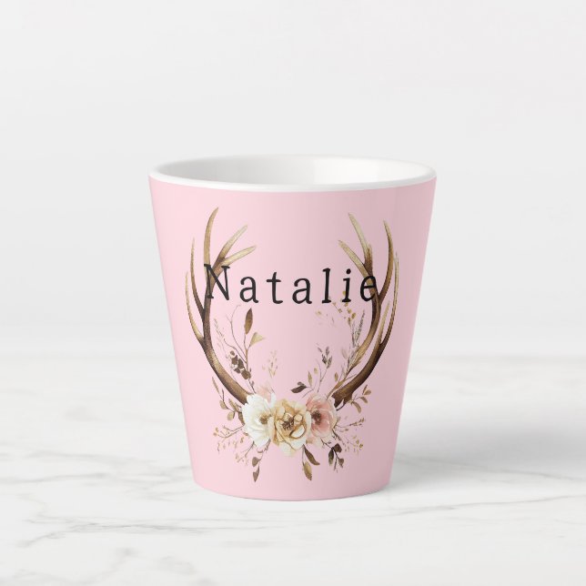 Taza De Café Latte Estanques de ciervos florales rosados personalizad (Anverso)
