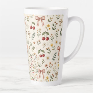 Taza De Café Latte Estética Coquette Rojo Cereza y Lazo Rosa Patt