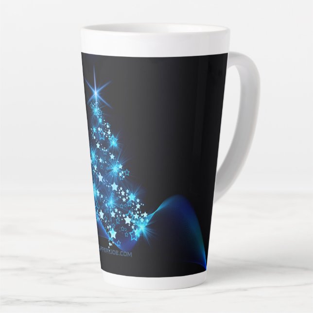 Taza De Café Latte estilizado árbol de Navidad SlipperyJoe azul brill (Ángulo derecho)