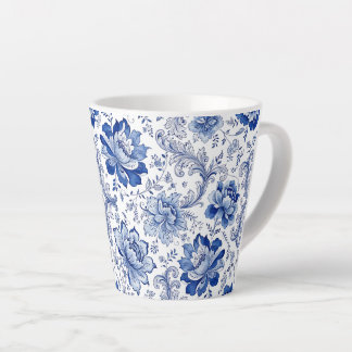 Taza De Café Latte Estilo Delft Azul Blanco Flores Fantasía Caprichos