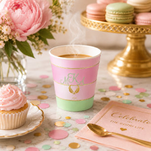 Taza De Café Latte Estilo Pastel Rosa y Verde Rayado 