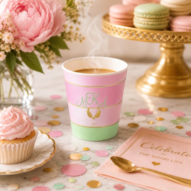 Taza De Café Latte Estilo Pastel Rosa y Verde Rayado  (Posh Pastel Pink and Green Monogrammed Coffee Mug )