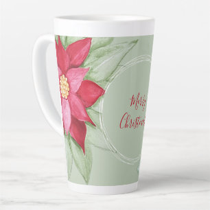Taza De Café Latte Estrella de Navidad Roja Verde Poinsettia Acuarela
