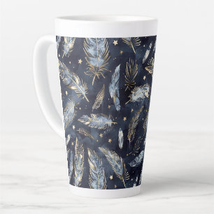 Taza De Café Latte Estrellas Plumas Doradas Azules