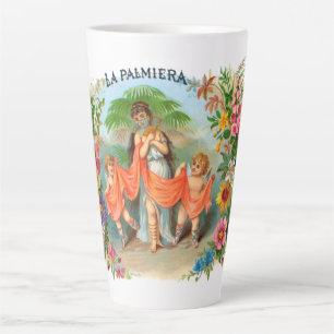 Taza De Café Latte Etiqueta de Cigarro Antiguo La Palmiera, Mujer con
