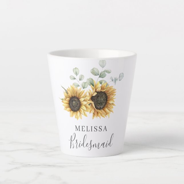 Taza De Café Latte Eucalyptus Sunflower Floral Boda Bridesmaid (Anverso)