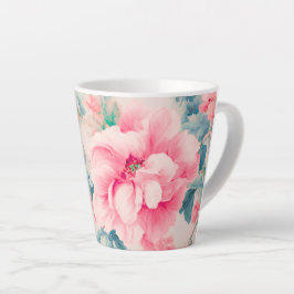 Taza De Café Latte Exquisitas Flores Rosadas Suaves y Hojas Cerúleas