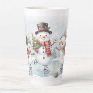 Taza De Café Latte Familia de muñecos de nieve patinando sobre hielo
