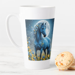 Taza De Café Latte Fantasia Azul Caballo Mágico Flores de Luna