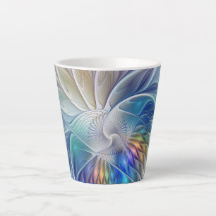 Taza De Café Latte Fantasía floral, flor fractal abstracta colorida