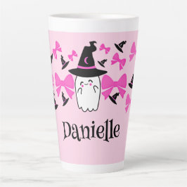 Taza De Café Latte Fantasma de coqueta rosa con arco de halloween