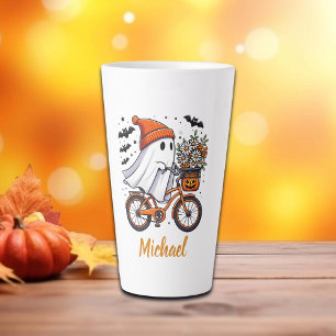 Taza De Café Latte Fantasma retro en Halloween en bicicleta
