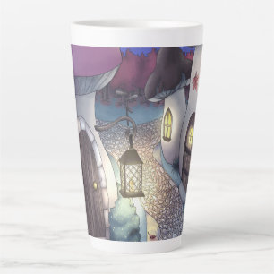 Taza De Café Latte Fantasy Nighttime Mushroom Village Ilustracion