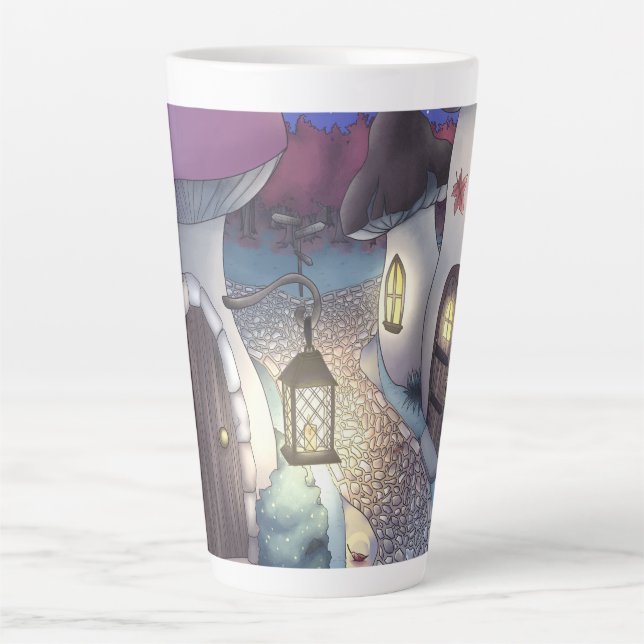 Taza De Café Latte Fantasy Nighttime Mushroom Village Ilustracion (Anverso)