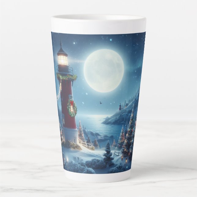 Taza De Café Latte Faro de Navidades náuticos (Anverso)