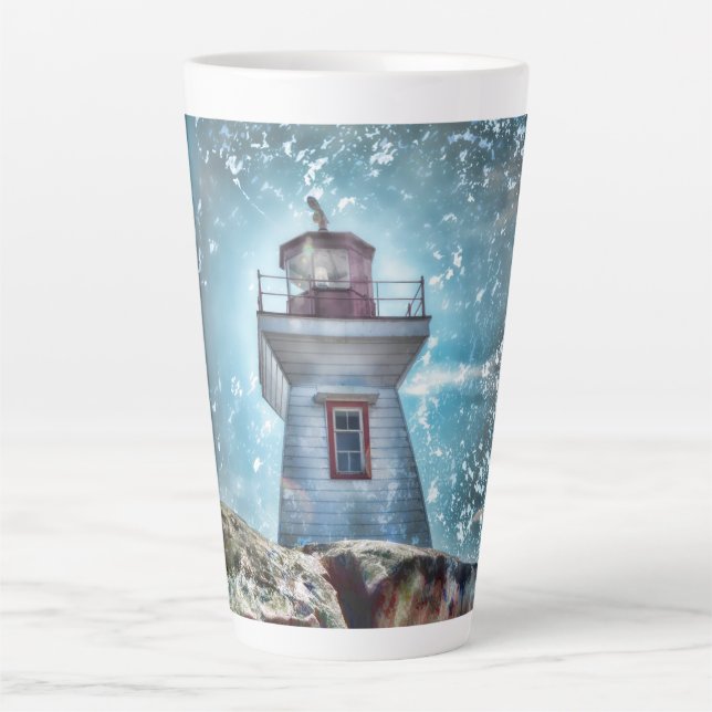 Taza De Café Latte Faro Océano Náutico Azul Costa Rustica (Anverso)