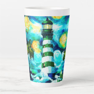 Taza De Café Latte Faro tropical y palmeras Azul verde Verde azulado