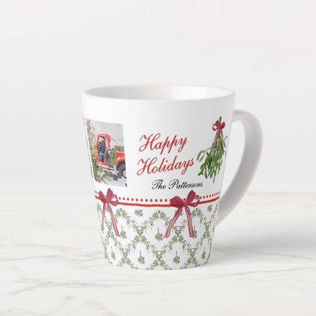 Taza De Café Latte Felices fiestas Mistletoe Red Bow Family Photo (Ángulo derecho)