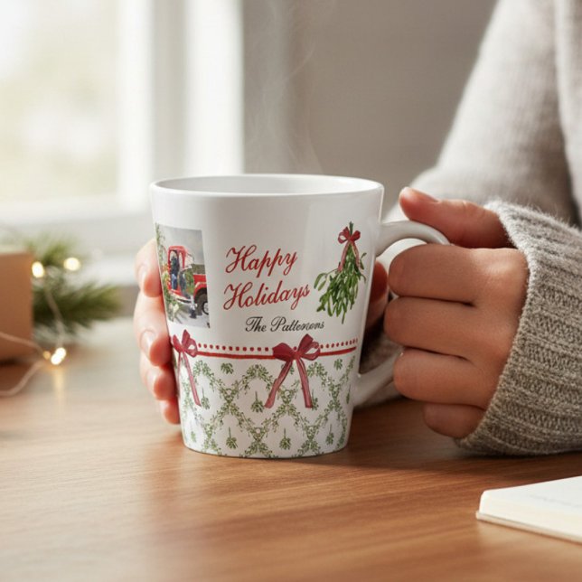 Taza De Café Latte Felices fiestas Mistletoe Red Bow Family Photo (Subido por el creador)