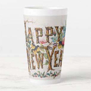 Taza De Café Latte Feliz Año Nuevo en Troncos de Árbol, Bellotas y Fl