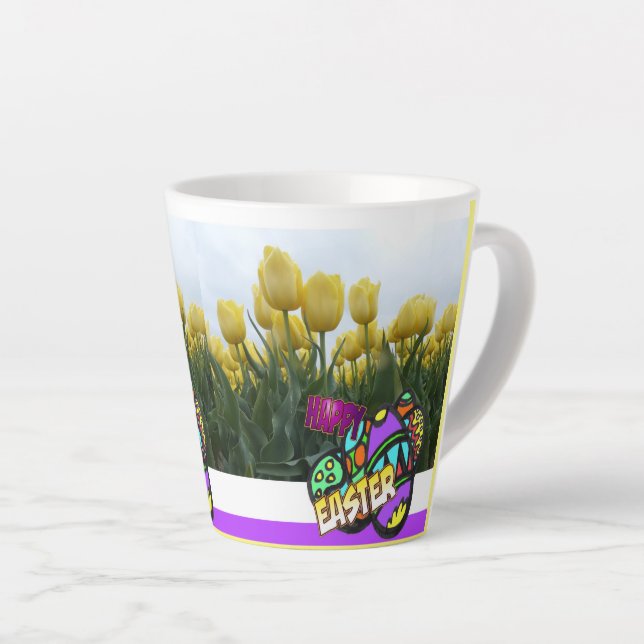Taza De Café Latte Feliz Año Pascua Diseño de Tulipanes Amarillos Lat (Ángulo derecho)