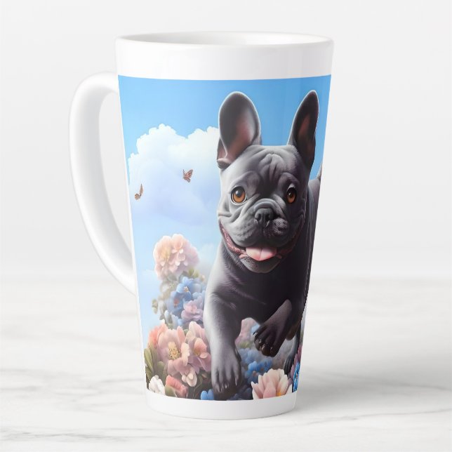 Taza De Café Latte Feliz Bulldog y flores azules de Francia (Ángulo izquierdo)