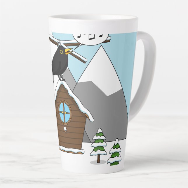 Taza De Café Latte Feliz Canto de Blackbird en el paisaje invernal (Ángulo derecho)