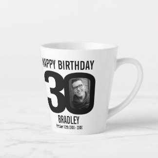 Taza De Café Latte Feliz cumpleaños 30 nombre dos fotos en mono de añ