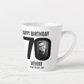 Taza De Café Latte Feliz cumpleaños 70 nombre y dos fotos en el año