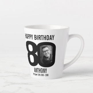 Taza De Café Latte Feliz cumpleaños 80 nombre y dos fotos en el año