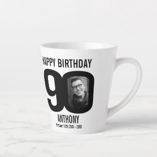 Taza De Café Latte Feliz cumpleaños 90 nombre y dos fotos en el año