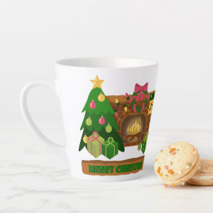 Taza De Café Latte Feliz Navidad cerca de la chimenea de fuego árbol 